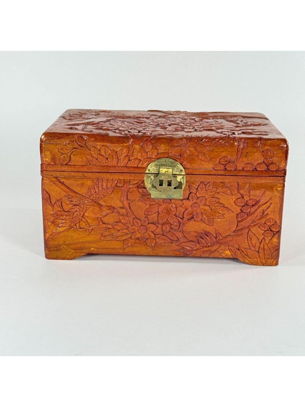 Vintage Decorative Accent Hand Carved Wooden Box W/Floral Bird Motif Brass Latch